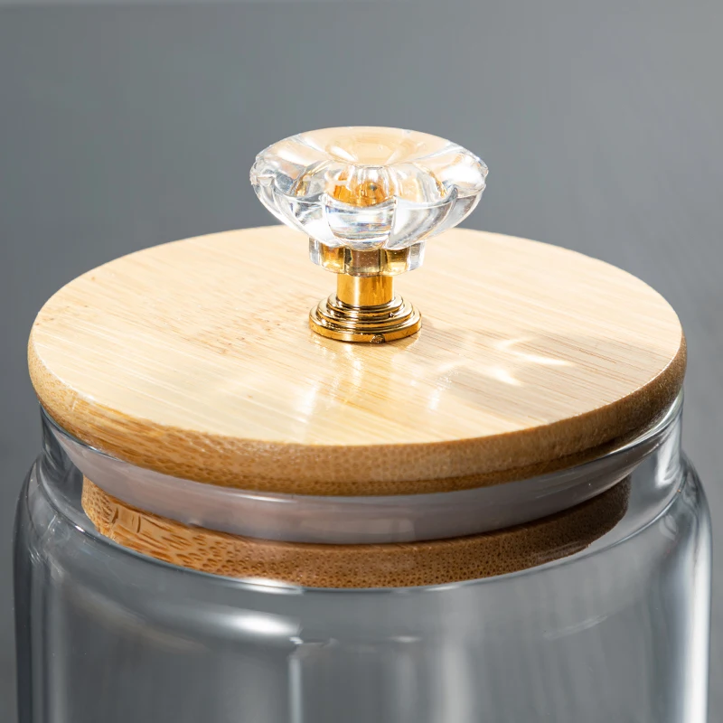 Manufacturer BPA free  non-toxic Clear Cylinder High Borosilicate Glass Canistor Glass Jar with Bamboo lid diamond decoration