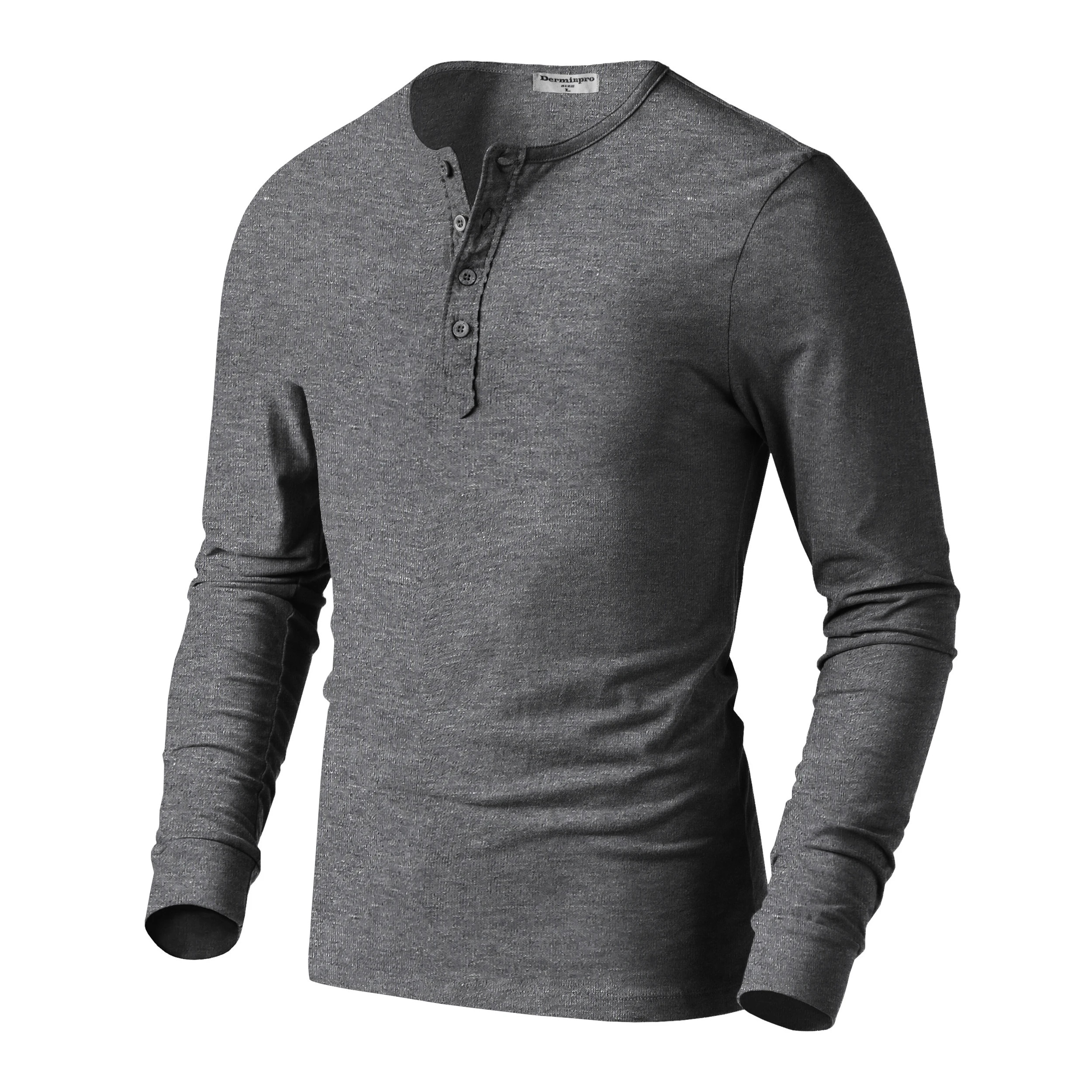 Customized logo label 100% cotton fabric V neck 4 button plackets mens long sleeve t shirts