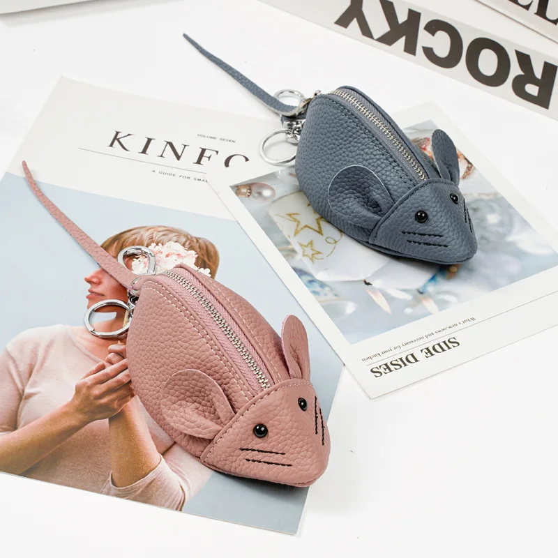 Soft Genuine Leather Small Wallet Children Gift 3d Rat Mouse Mini Coin Key Purse Zipper Earphone Data Cable Storage Holder