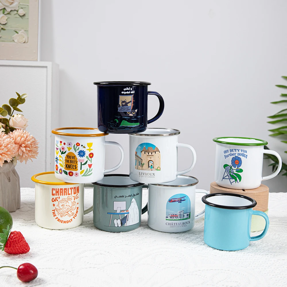 12oz enamel camp mug coffee cup custom logo wholesale metal stainless steel bulk sublimation blanks cups for Christmas