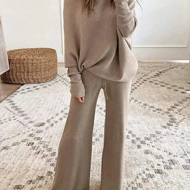 Sweater Set Women casual Tracksuit Spring Autumn Knitted Suits 2 Piece Set Warm Long Sleeve Sweater Pullovers Wide Legs Pants