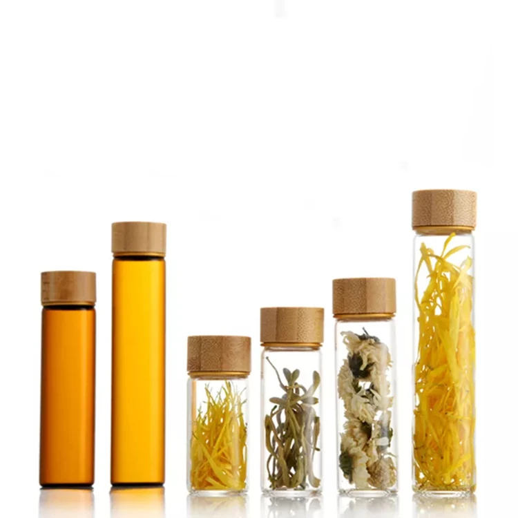 Hot Sale Test Tube Amber Borosilicate Glass Bottle Mini 22mm 30mm Glass Vial With Screw Aluminum Bamboo Lid