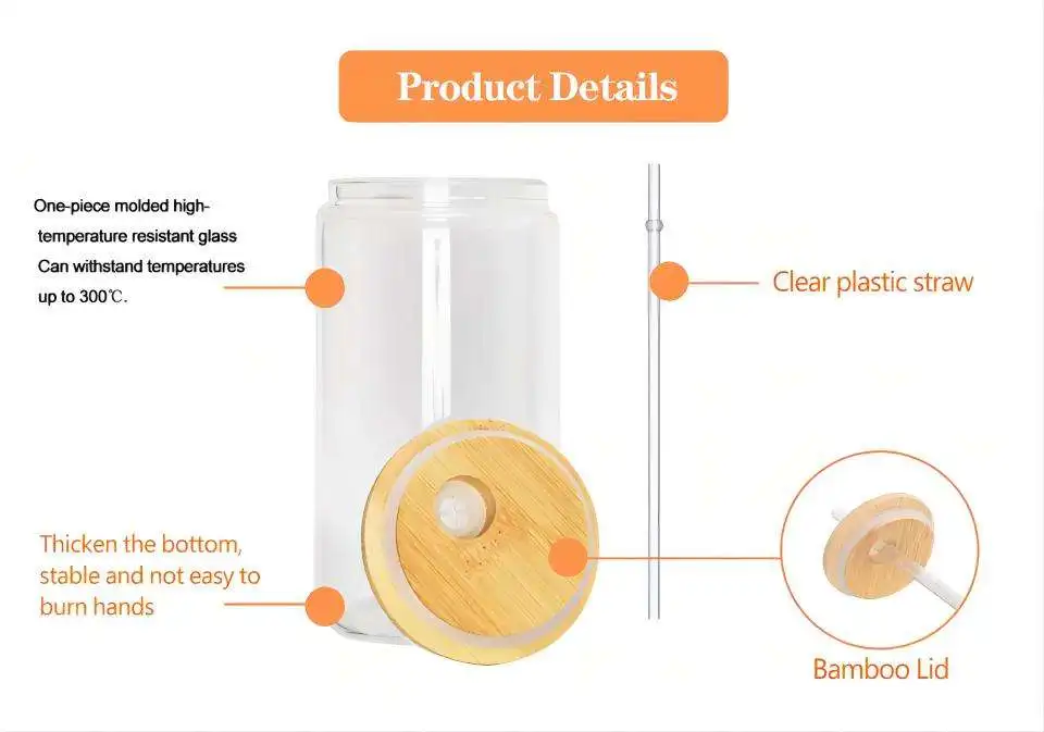 USA Warehouse stocked 16oz  25oz Clear Frosted Sublimation Blanks Glass Mason Jar Beer Can Glass Cup With Bamboo Lid And Straw