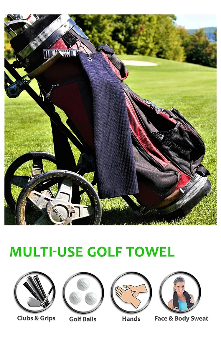 Wholesale Custom Logo Printed Golf Waffle Towels With Hook and Pocket Microfiber Weave Golf Towel