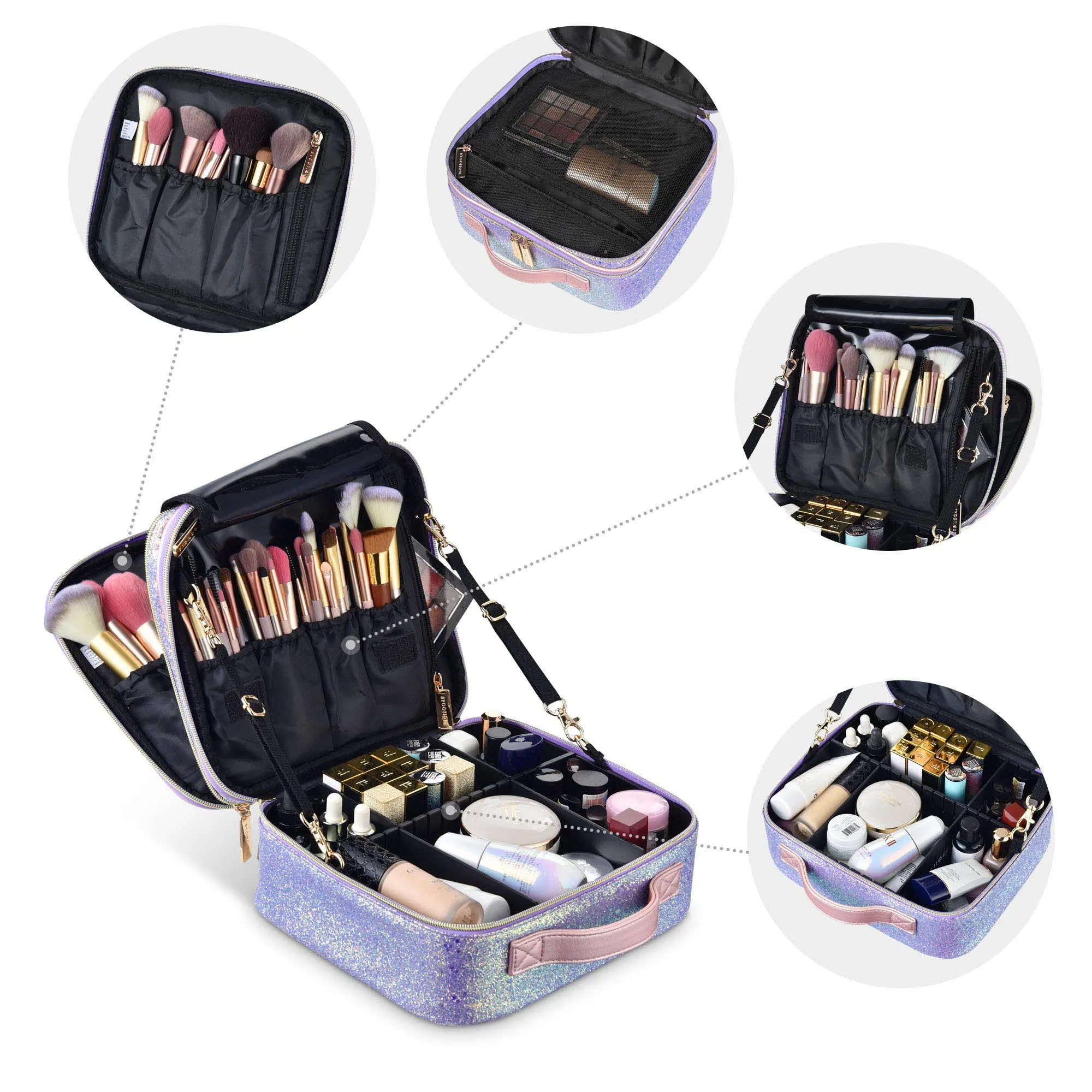 PVC Makeup Bag Cosmetic Bag Organizer Leather Bag with Compartment Travel with Adjustable Dividers PU OEM Fashion Shiny Open