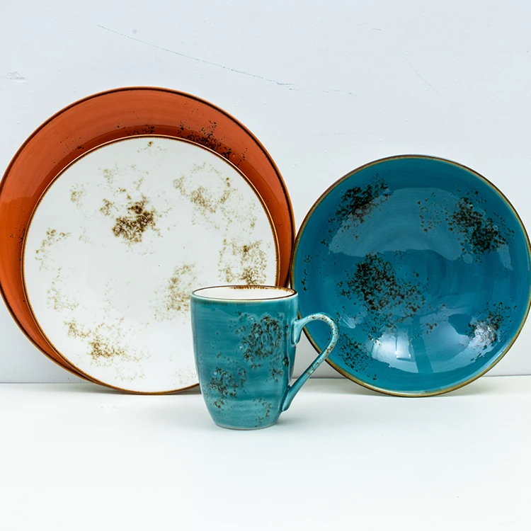 colour glaze change uneven bumpy dirty style dinning crockery porcelain plate dinnerware set for christmas dinner