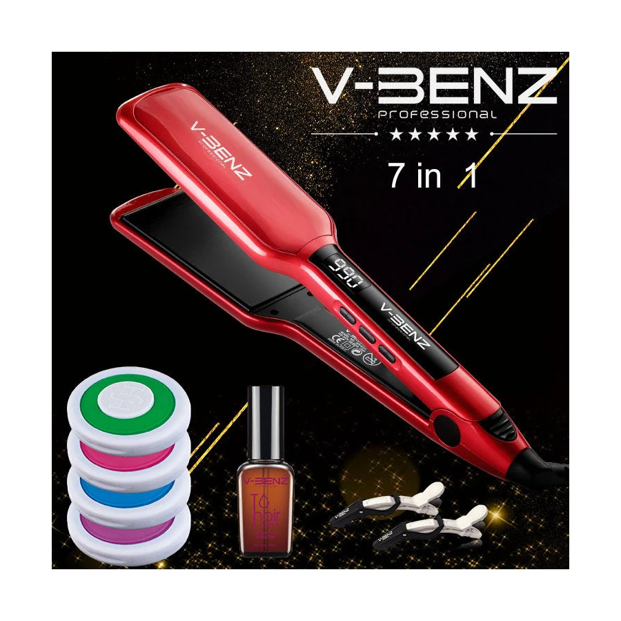 V-benz 7 In 1 Red Stainless Steel Hair Straightener Machine Hair Straightening With Led Display Titanium Plate Flat Iron
