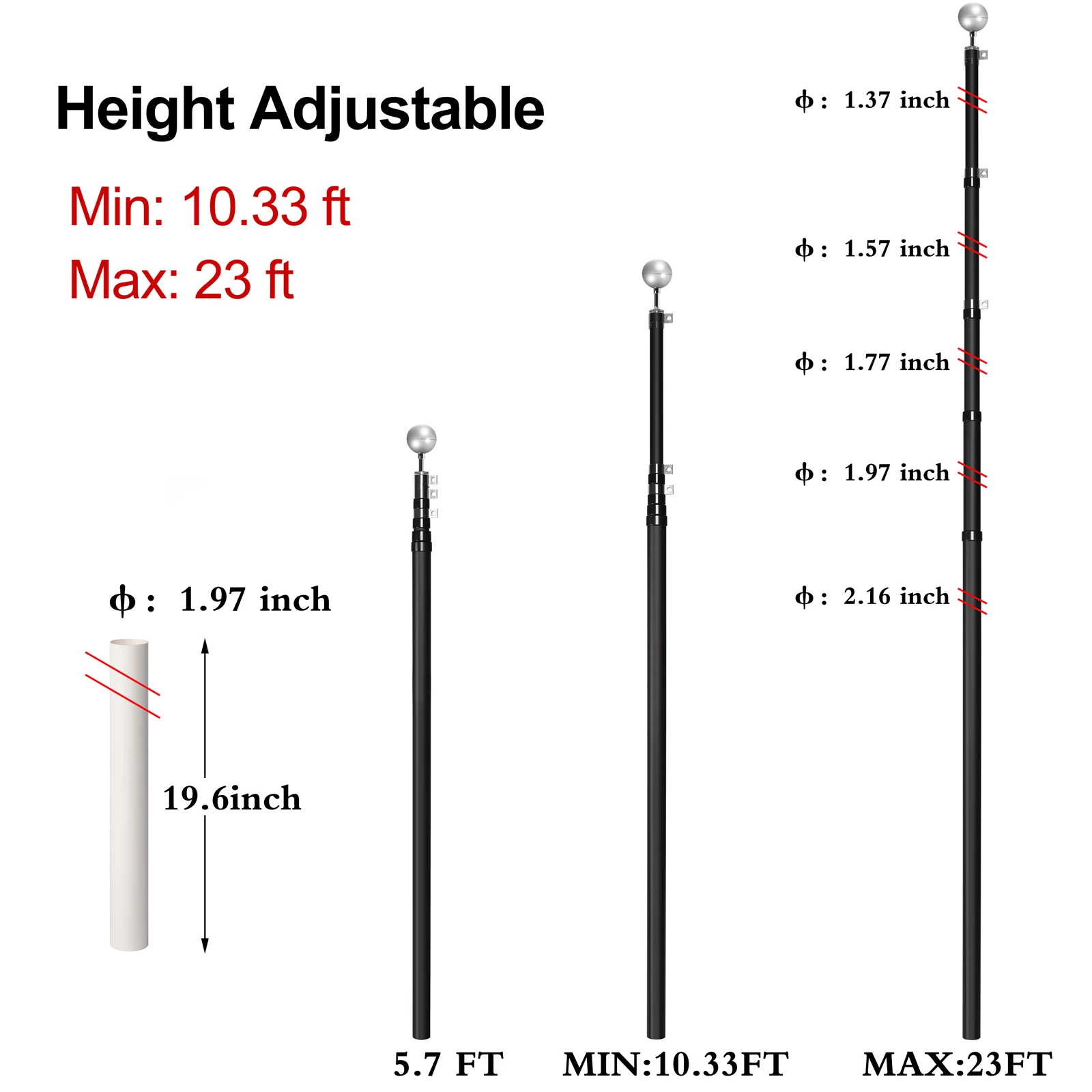 20ft 25ft 30ft  black Telescoping  oxidized  Aluminium Flag pole with  Flag and Golden /silver Ball Topper