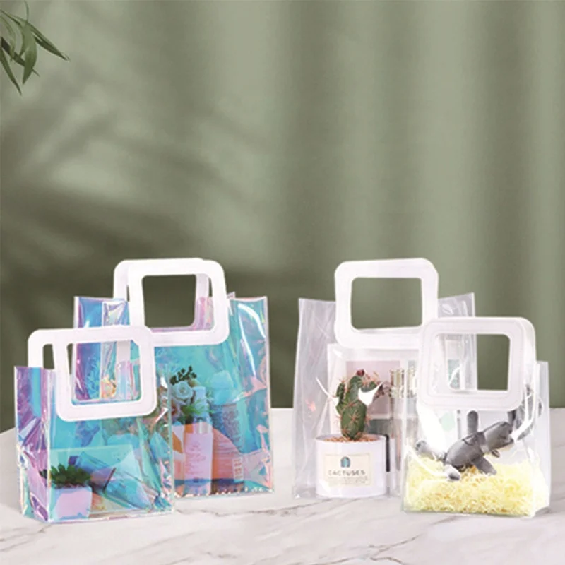 Soft pu leather handles high quality logo printed gift travel tote clear shopping bags recycled clear pvc shopping bag