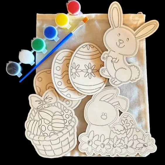 Easter Bunny with custom faces and clothes for DIY Craft Kits kids coloring kits laser cut Wood Ornaments Paint Kits