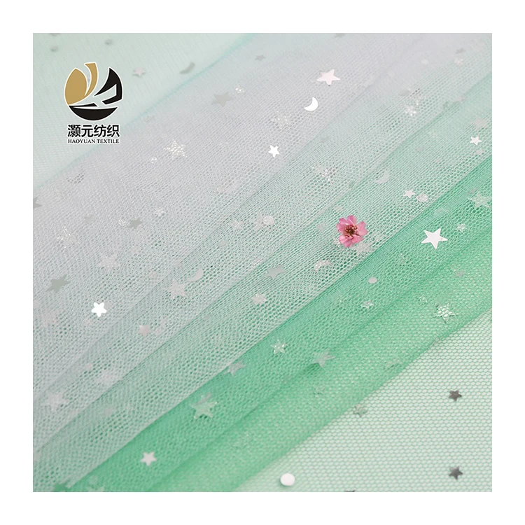 Светло-зеленый градиентный цвет 100 полиэстер Луна и звезда серебряные блестки тюль ткань для свадебного платья