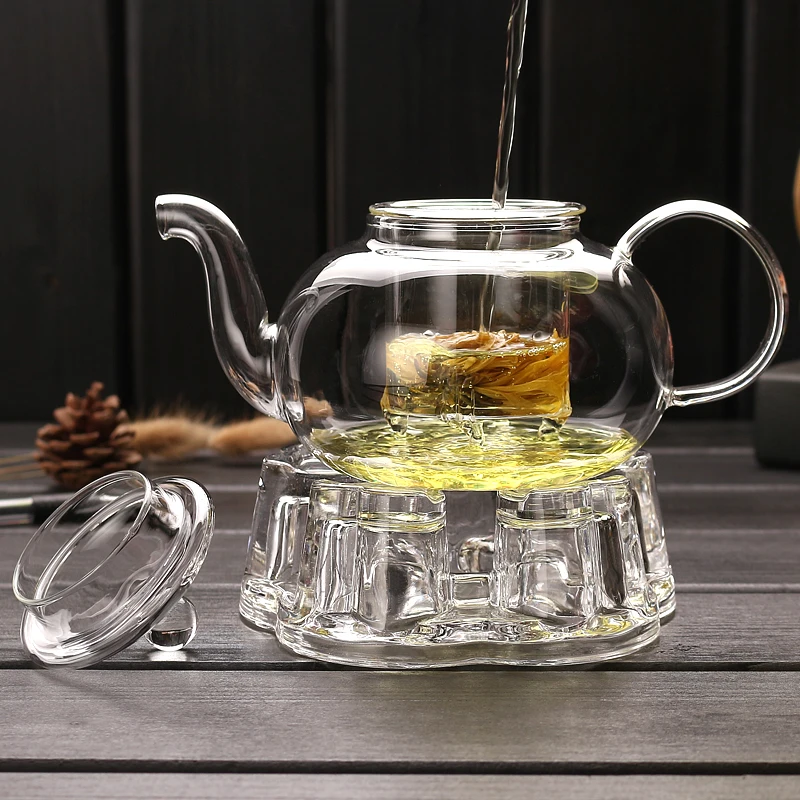 Borosilicate Glass CLear Teapot Tea Set Warmer Infuser Glass Teapot