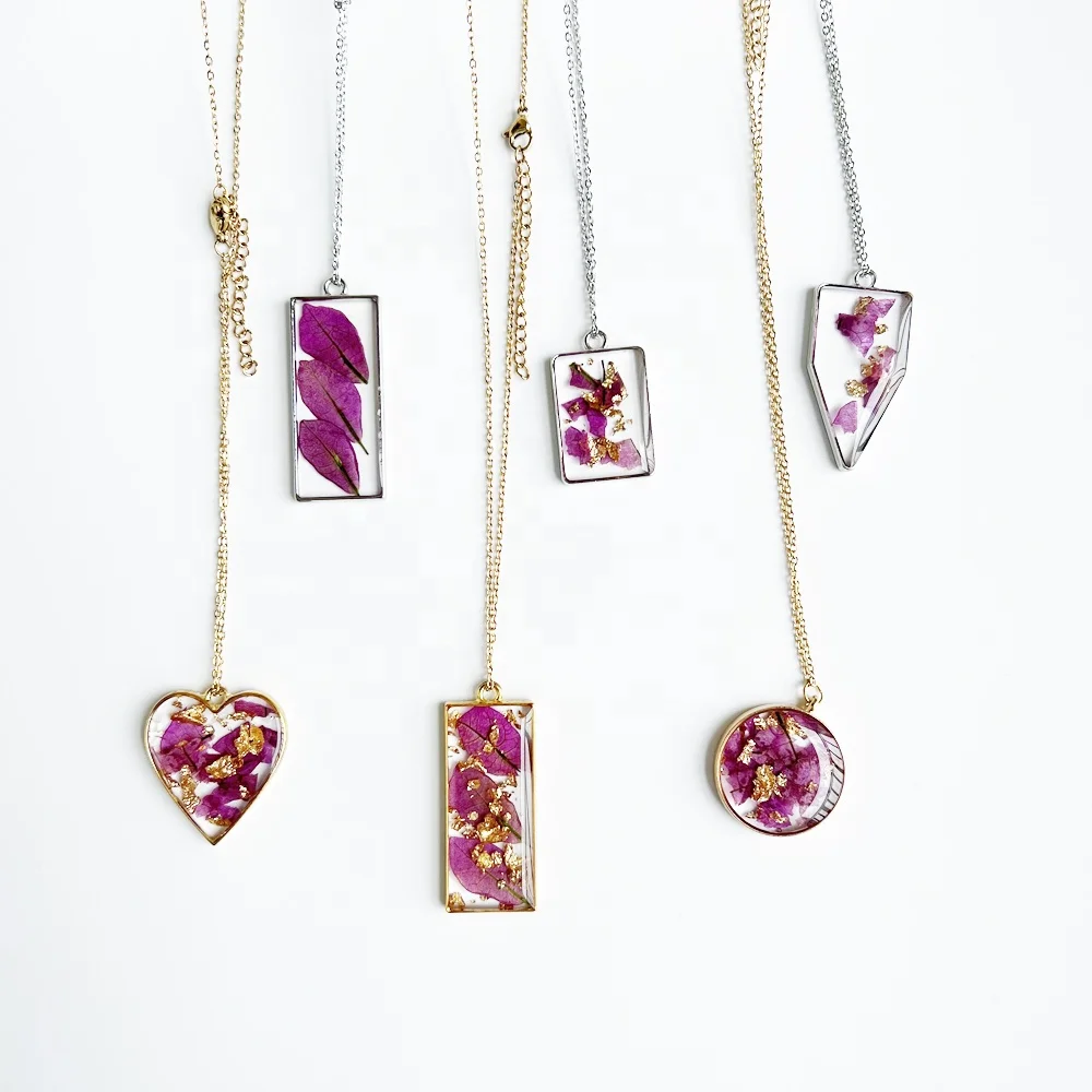Gold flake in epoxy resin frames Natural flower pendant preserved real pressed bougainvillea petal necklace