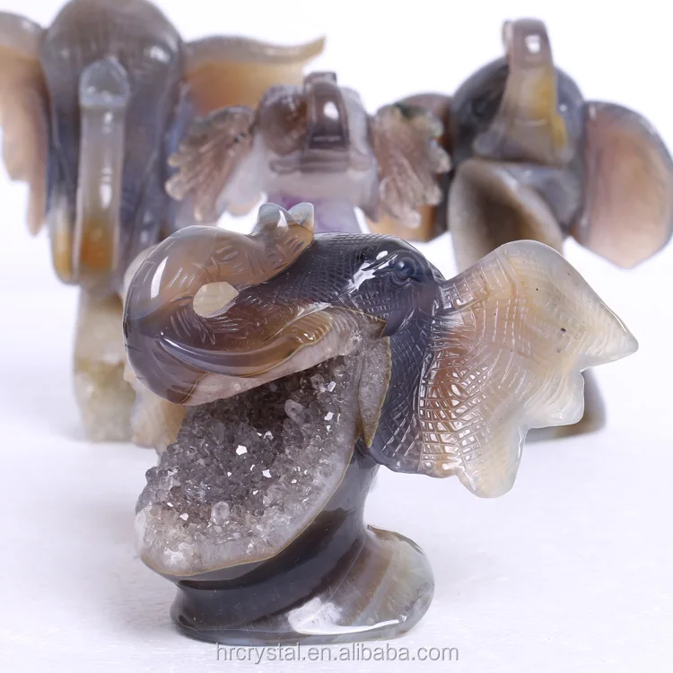 Healing Natural Gemstone Druzy Agate Elephant Geode Crystal Animal Figurine Carvings