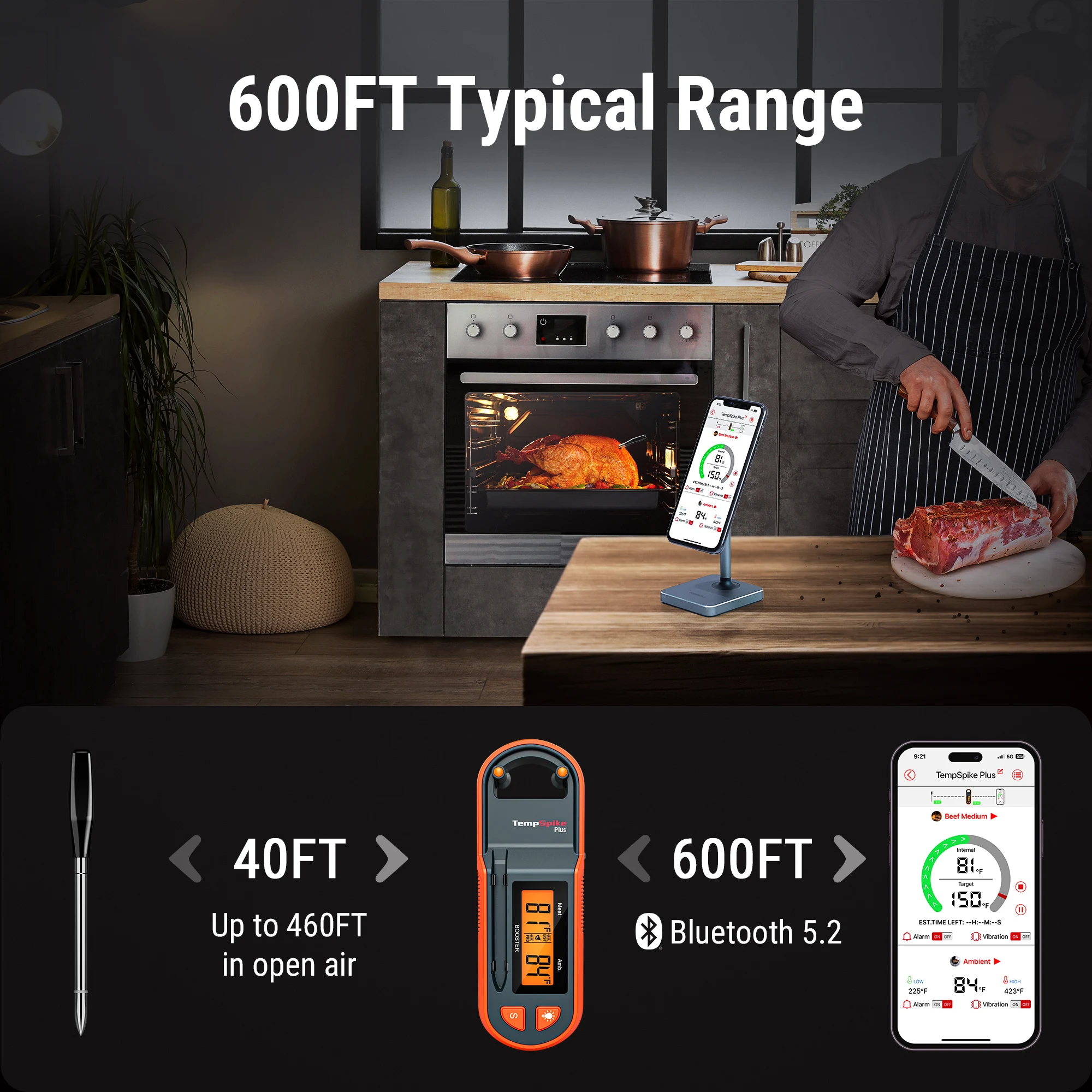 Wireless Digital Meat Thermometer with 1 Probe 2 Sensor Meat 600FT Remote Range Cooking Food Thermometer