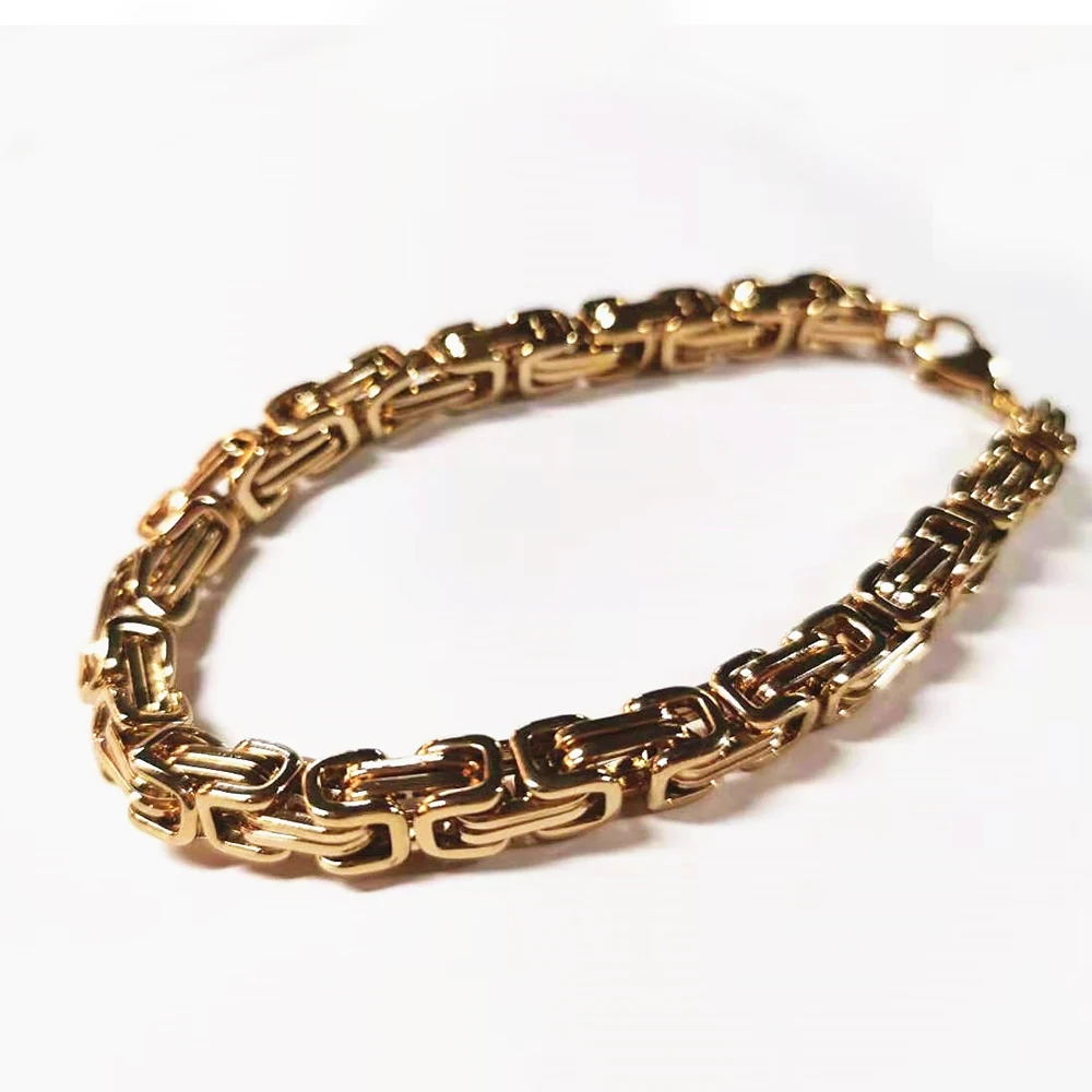  Hot Selling Men Charm Bracelet European Style Gold Plated Stainless Steel Byzantine Chain For