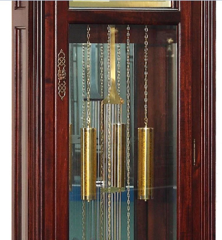 Cherry finish on select hardwoods and veneers, heavily distressed with light and deep dents Grandfather Floor Clock