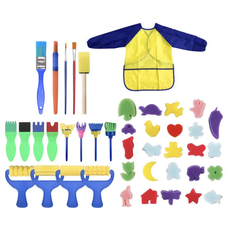 42 Pieces Sponge Drawing Shapes Paint Craft Brushes for Toddlers Assorted Pattern Children Waterproof Painting Smock
