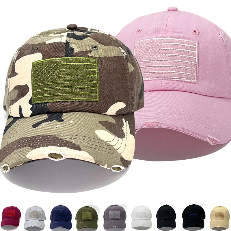 In-stock Wholesale Camouflage Embroidered USA Flag America Cap Cotton Hat for Men and Women Solid Baseball Sport Cap Outdoor