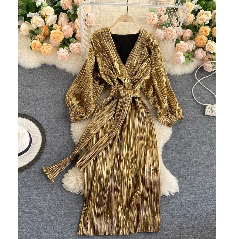 Fashion Ladies V Neck Long Sleeve Midi Gold Party Evening Dress Elegant For Women