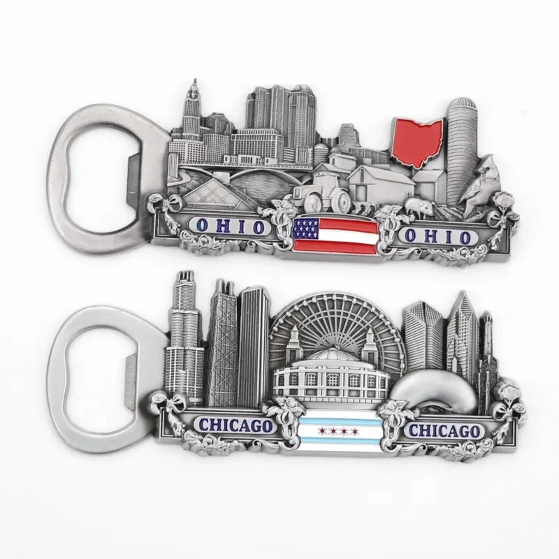 High quality personalized logo Zinc Alloy USA Indiana Chicago Ohio Souvenir Metal Bottle Opener Magnet
