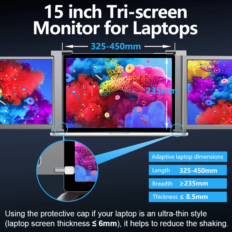 original manufacture 15 inch 1920*1080 lcd screen usb c powered portable triple monitor extender for laptop