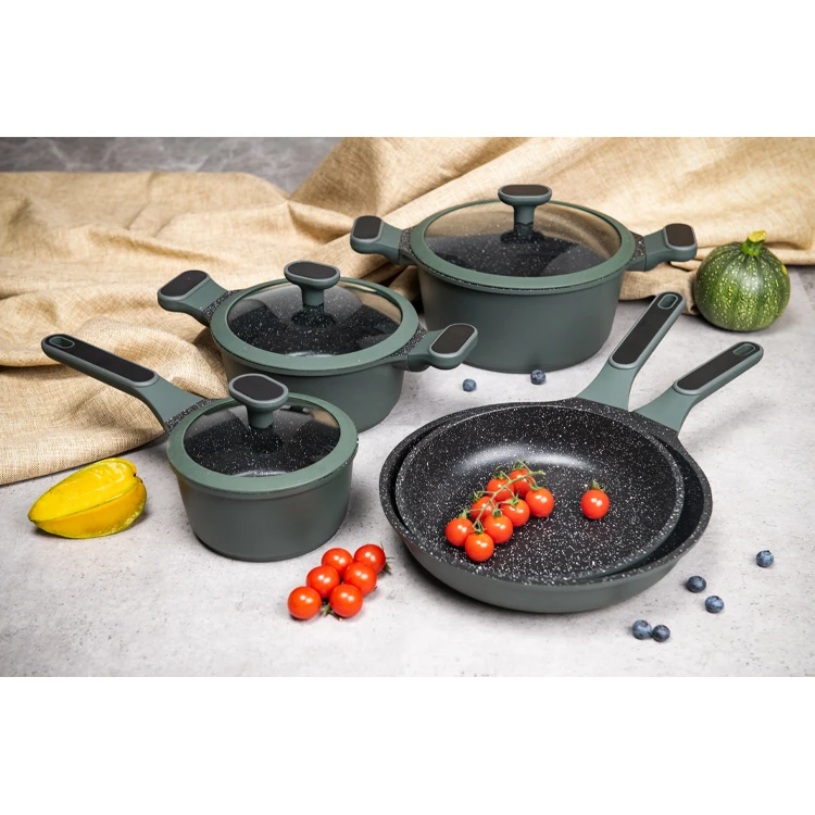 BESCO Eco-friendly Escalation Series 10pcs Kitchen Cooking Set Cookware Non Stick Set With Silicone Glass Cover Green Color PFOA