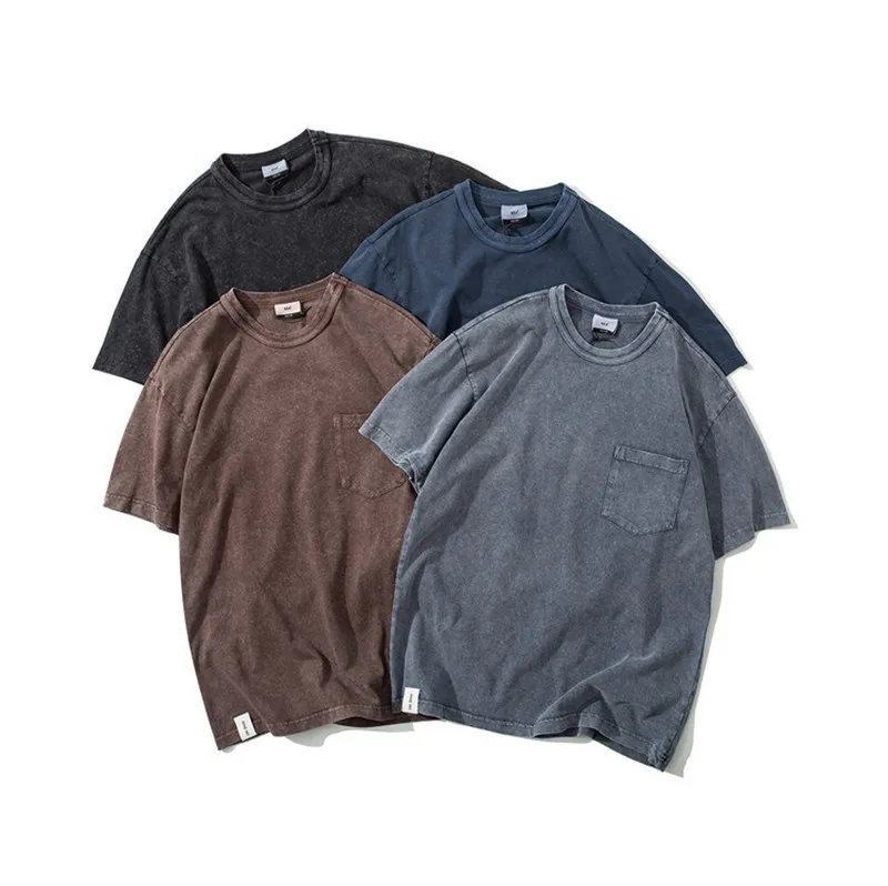 TS184 Stone Wash heavy weight Mens Enzyme Wash T-shirt Cotton Vintage Distressed T Shirt Japanese Streetwear Harajuku Tops