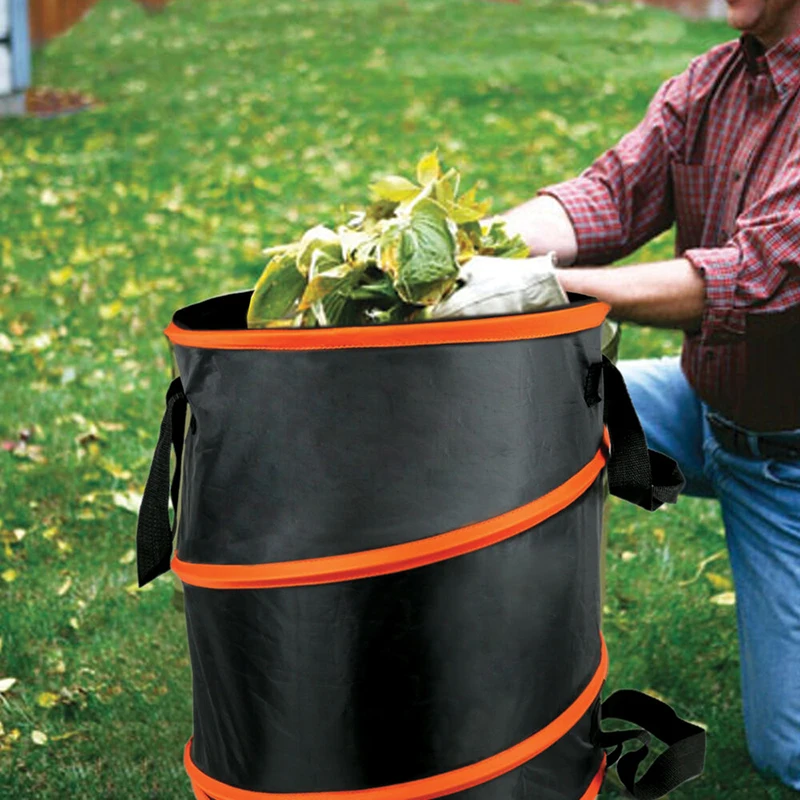 Outdoor collapsible pop up 30 gallon lawn and leaf trash can for camping recycling and garden yard