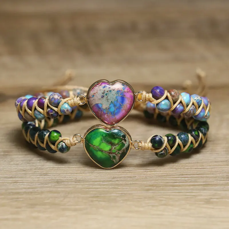Dainty Beaded Bracelet for Women Jewelry Double-layer Handwoven Heart Charm Imperial Jasper Turquoise Stonr Bracelet
