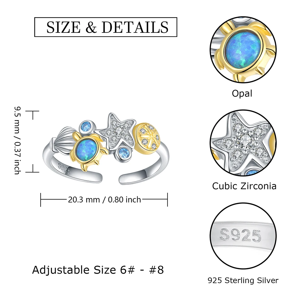925 Sterling Silver Opal Turtle Ocean Blue Sea Life Starfish Star Rings Summer Beach Jewelry Birthday Gifts for Women Girl
