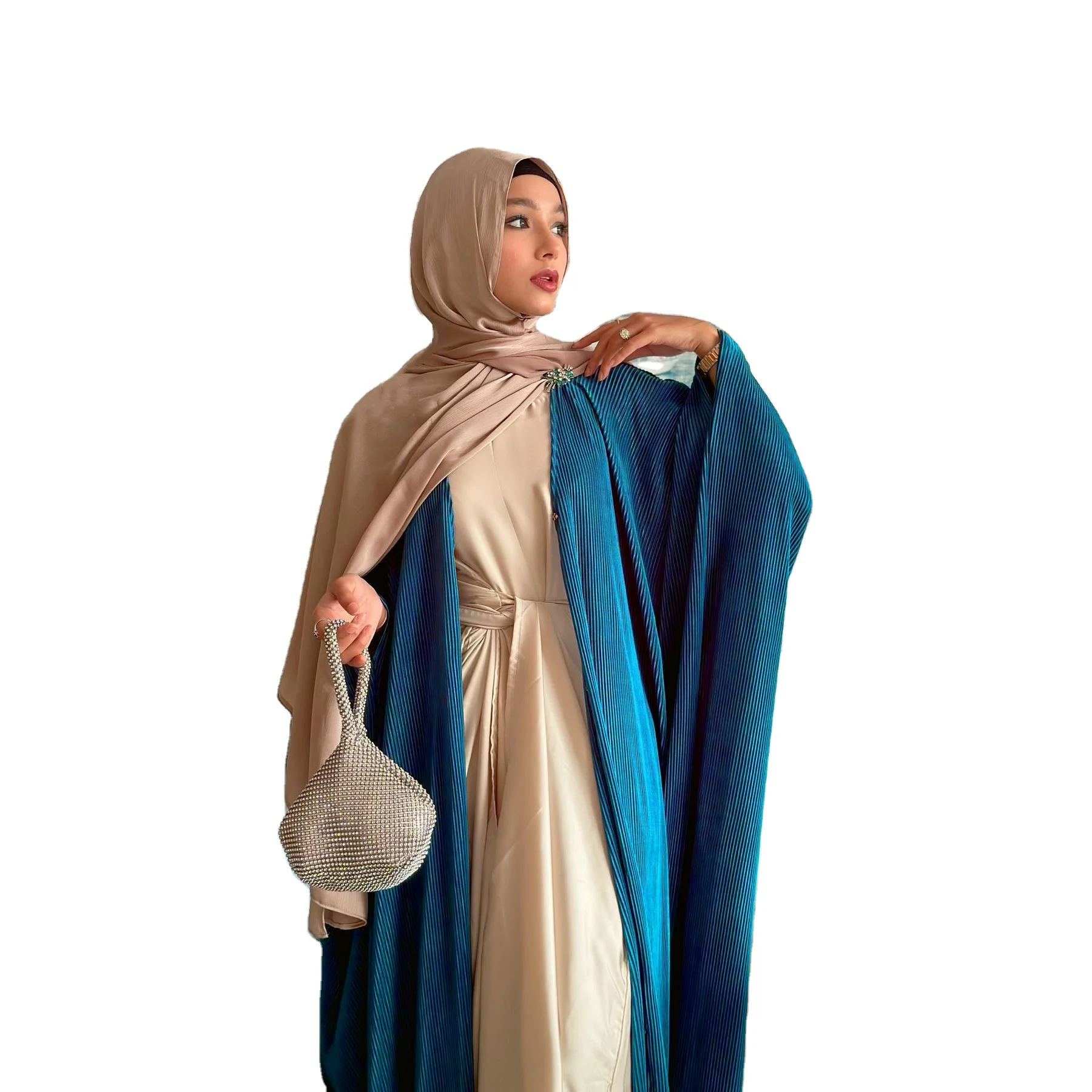 Middle East Elegant Open Abaya pleated Malaysia Robe Solid Color Muslim Open Abaya Dress for Women Muslim Islamic Clothing