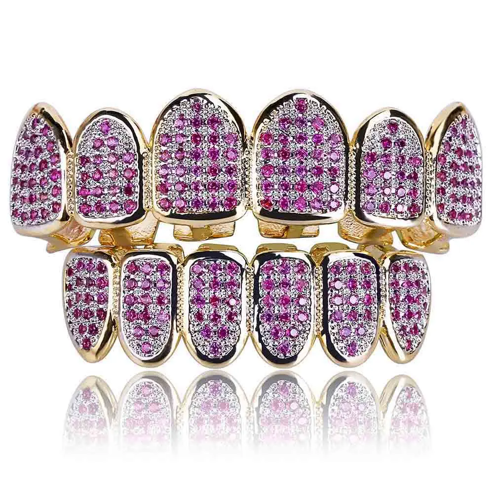 Hip Hop Teeth Grillz Micro Pave Fuchsia CZ Stone Iced Out Top Bottom Set Vampire Mouth Bling Jewelry