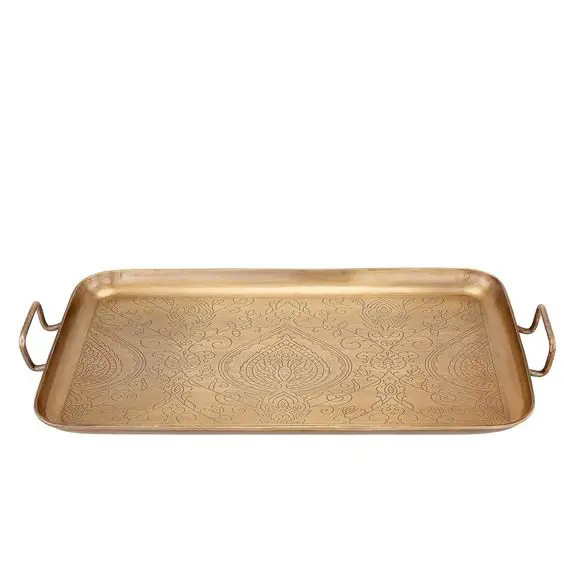 Home Decor Brass Tray For Home Kitchen Hotel Restaurant Golden Color Decorative Tray with Brass Stands Metal for Tableware
