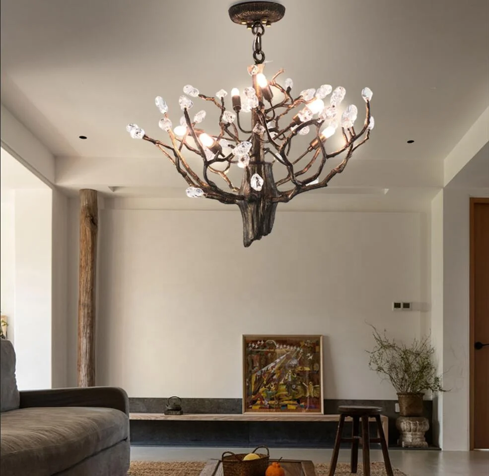 Modern Hotel Large Tree Branch Chandelier Brass Hanging Light Natural Crystal Stone Chandelier for High Ceilings Lighting Lamps