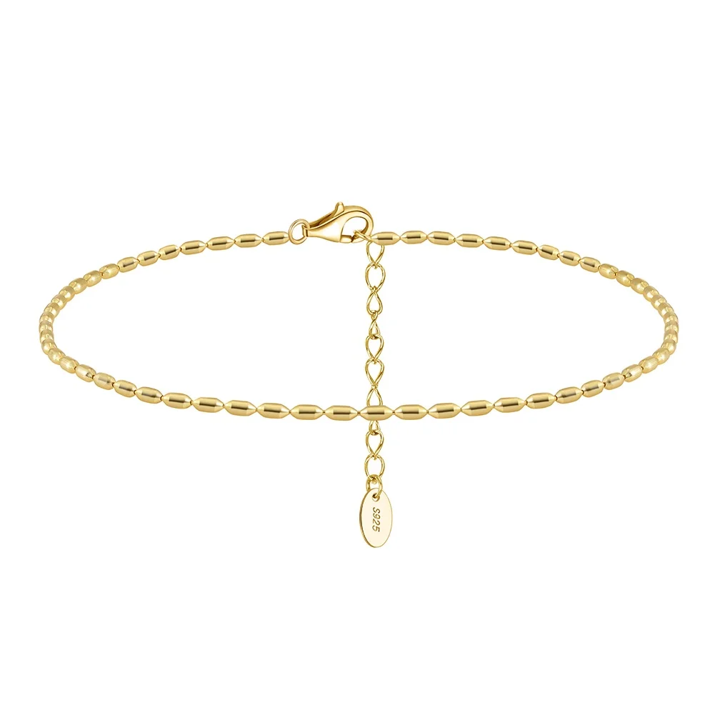 RINNTIN SA81 Solid 925 Sterling Silver Italian Oval Bead Chain Rice Bead Anklet Unisex Chain for Men or Women By Handmade