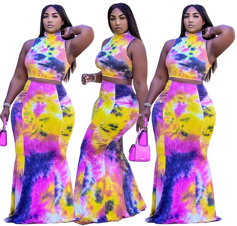 Plus Size Women Clothing Summer Two Piece Skirt Set Crop Top Long Skirt Tie Dye Casual Dresses Sleeveless Plus Size Dress 2021