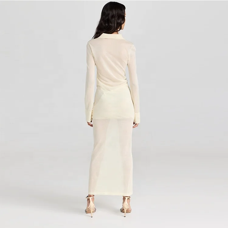 Knitwear Manufacturer Custom Spring Summer White Polo Neck Long Sleeve Single Breasted Women Beach Knit Sweater Dress