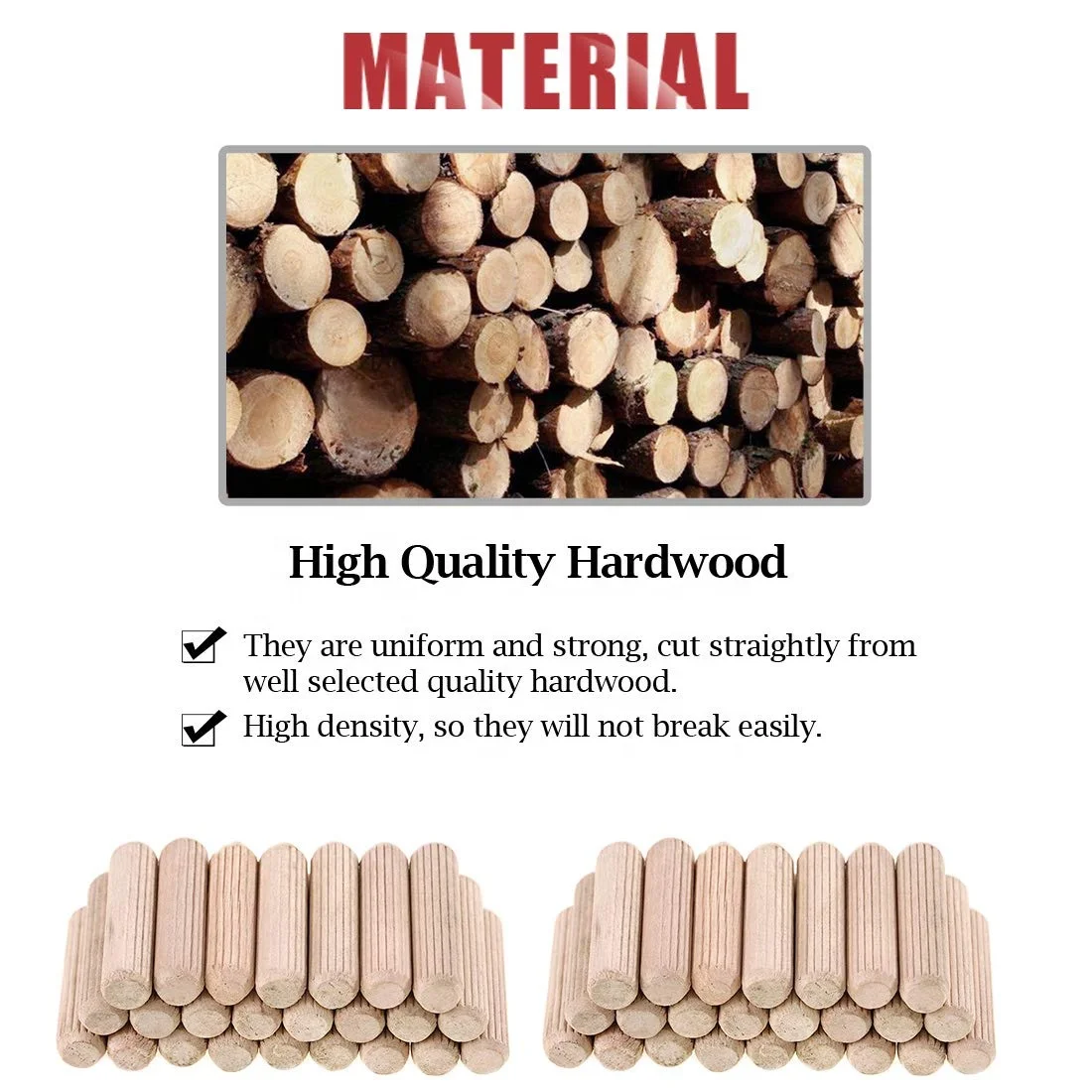 wholesale custom Amazon HOT Selling 6mm 8mm 10mm wooden stick threaded rods pins Fluted wood dowels
