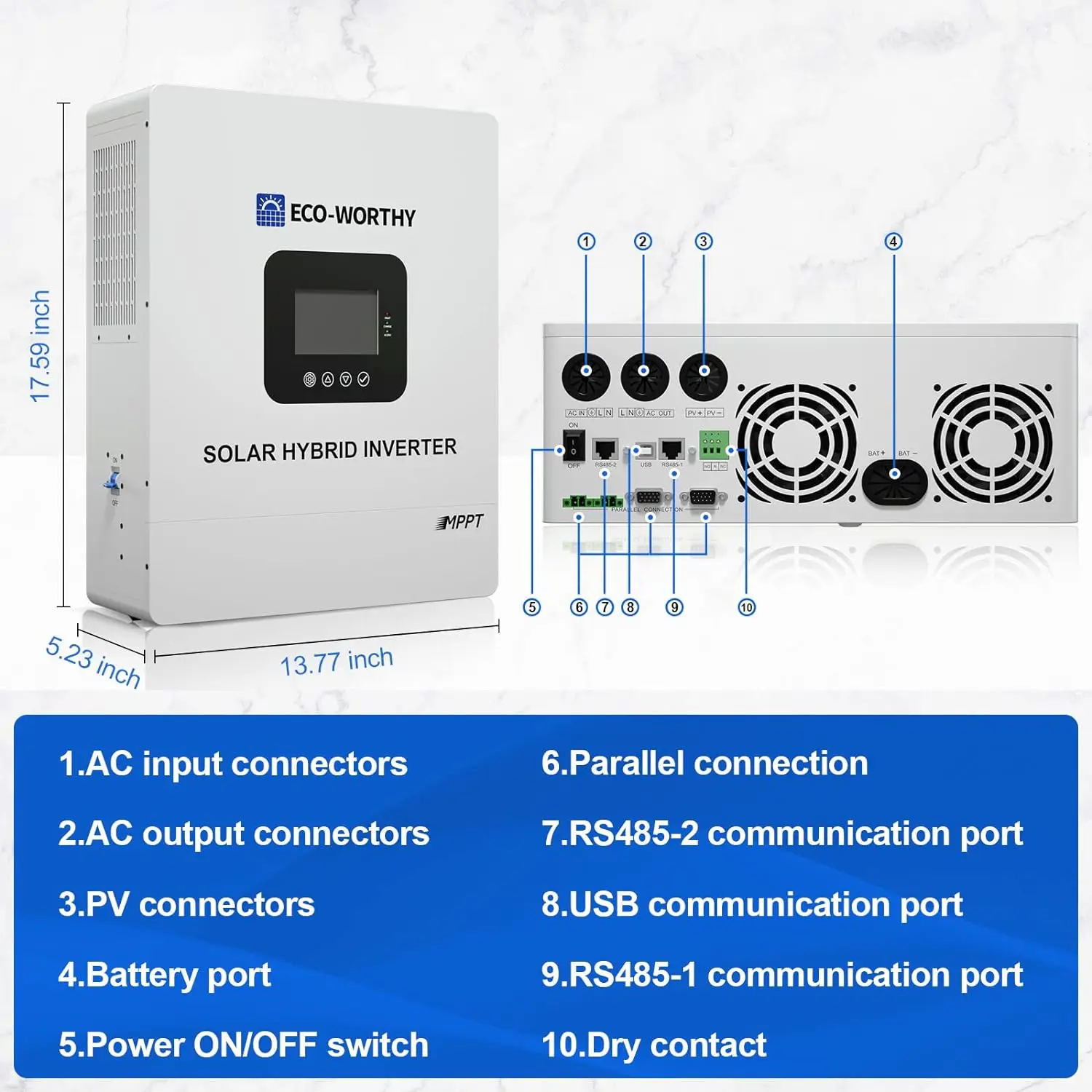 5000W Solar Hybrid Inverter Charger, Multiple Parallel Convert 48V DC to 120V-240V AC, Built in 80A MPPT Charge Controller