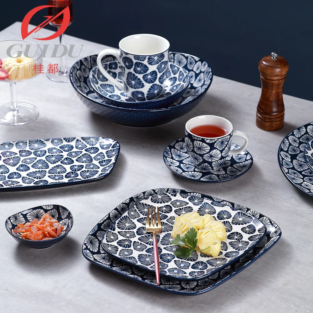 Wholesale brand Luxury Porcelain Ceramic Tableware plate dish serving marble design Stoneware Square Dinnerware set