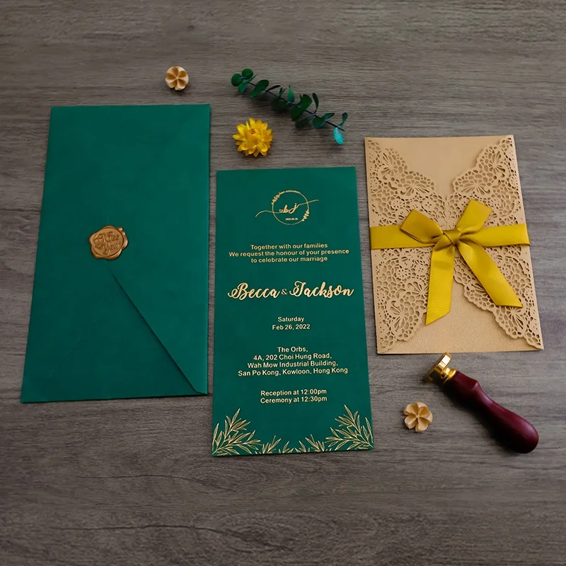 Luxury  Laser Cut Trifold Green Special Paper Business Party Birthday Wedding RSVP Invitation Card with Envelope and Bowknot