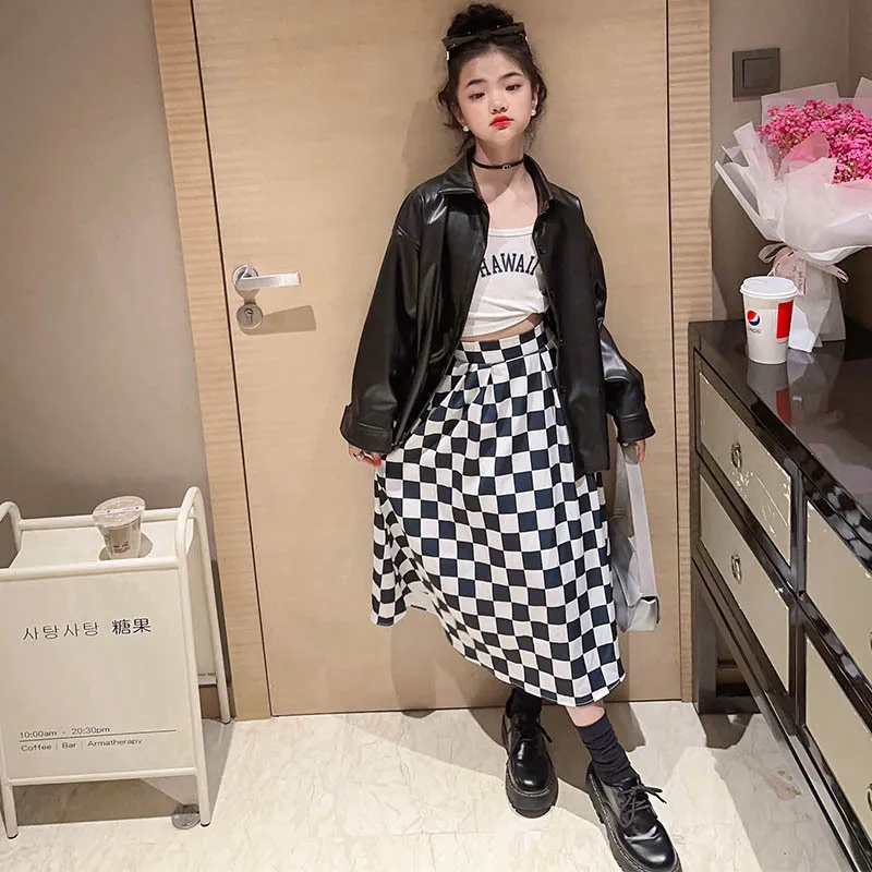 2023 New Children Girl White Black Checkerboard Print Long Skirt