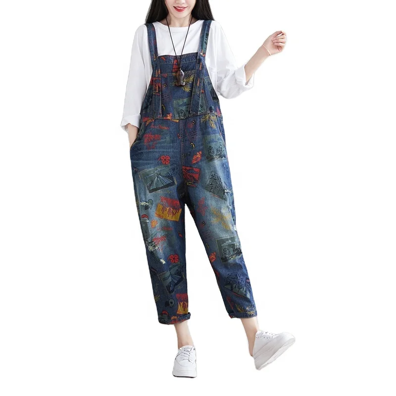 SKYKINGDOM summer female jean jumpsuit vintage washed wide-leg print plus size jean jumpsuit women