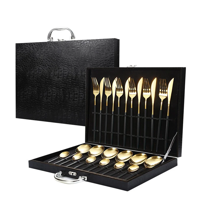 Wholesale Reusable Luxury Stainless Steel Gold Flatware Wedding Restaurant 24Pcs Modern Cutlery Set With Case