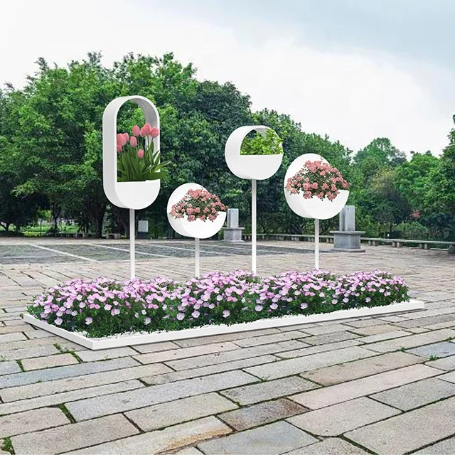 Galvanized Steel street flower planter rock on the road and the roadside for garden