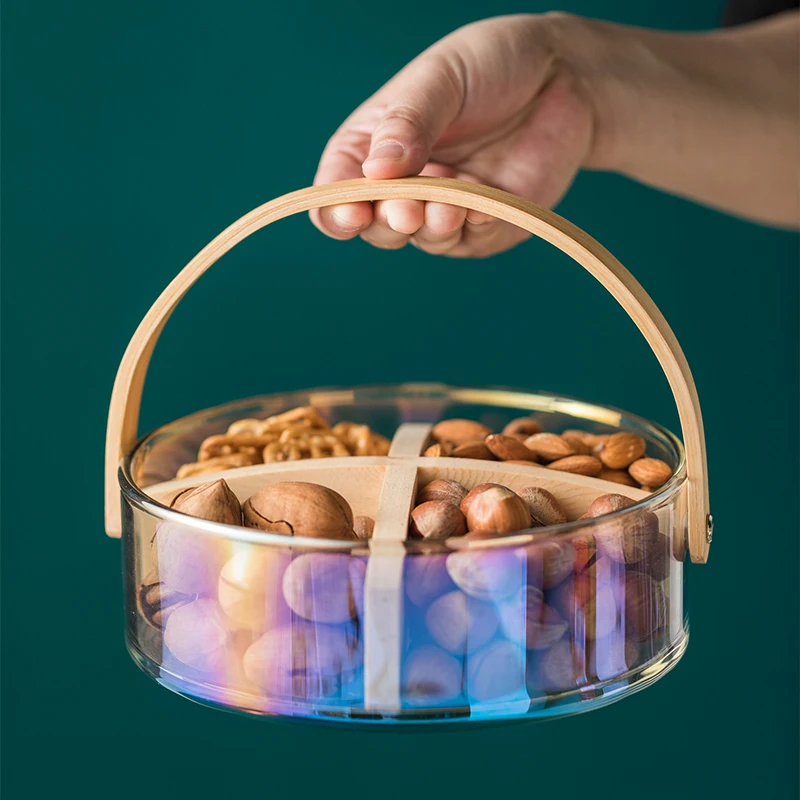 Wholesale Customized OEM Tempered Ice Bucket Stackable Glass Fruit Storage Basket Plate with Wooden Handle