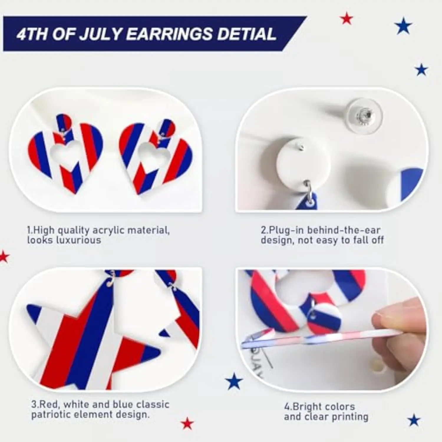 Independence Day Patriotic Red White and Blue Stripe American Flag Earrings Heart Star 4th of July Earrings for Women Gifts