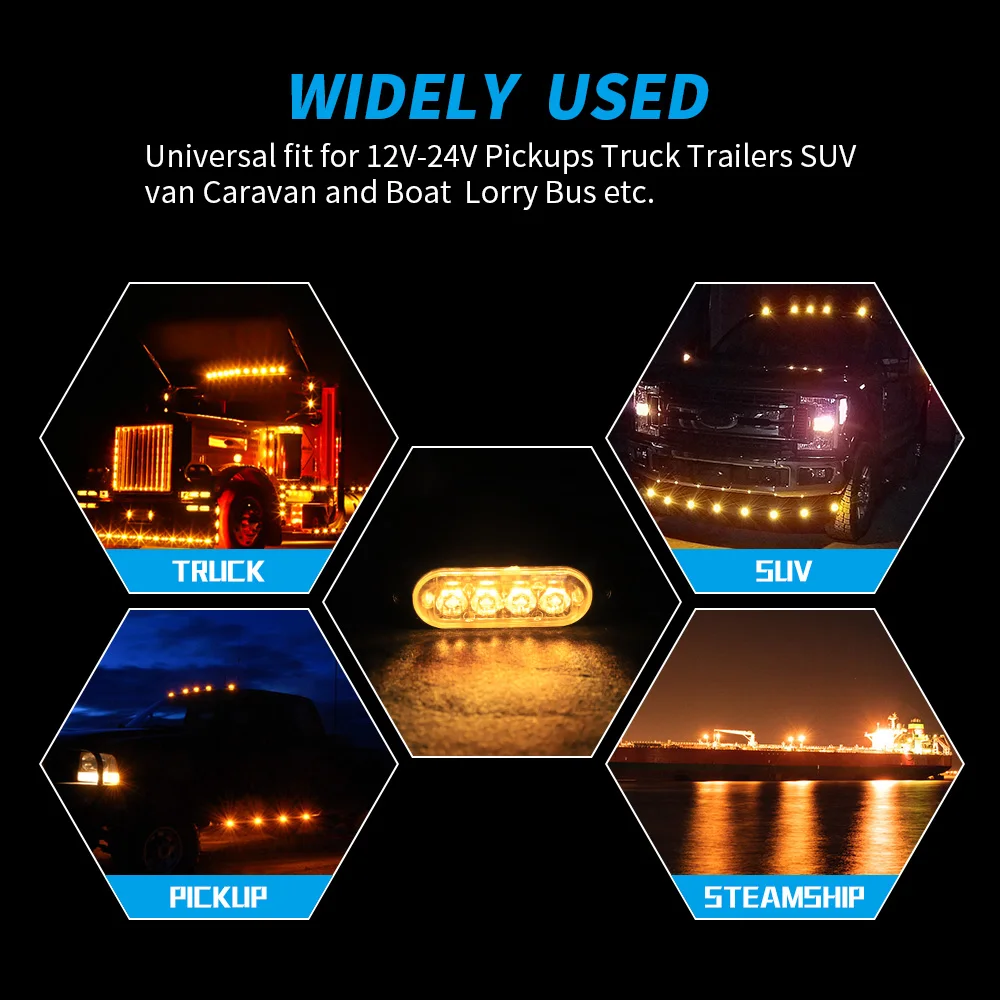 Amber Truck Strobe Light Emergency Warning Side Marker Lights For Truck Trailer Rv Car Boat Bus Lorry