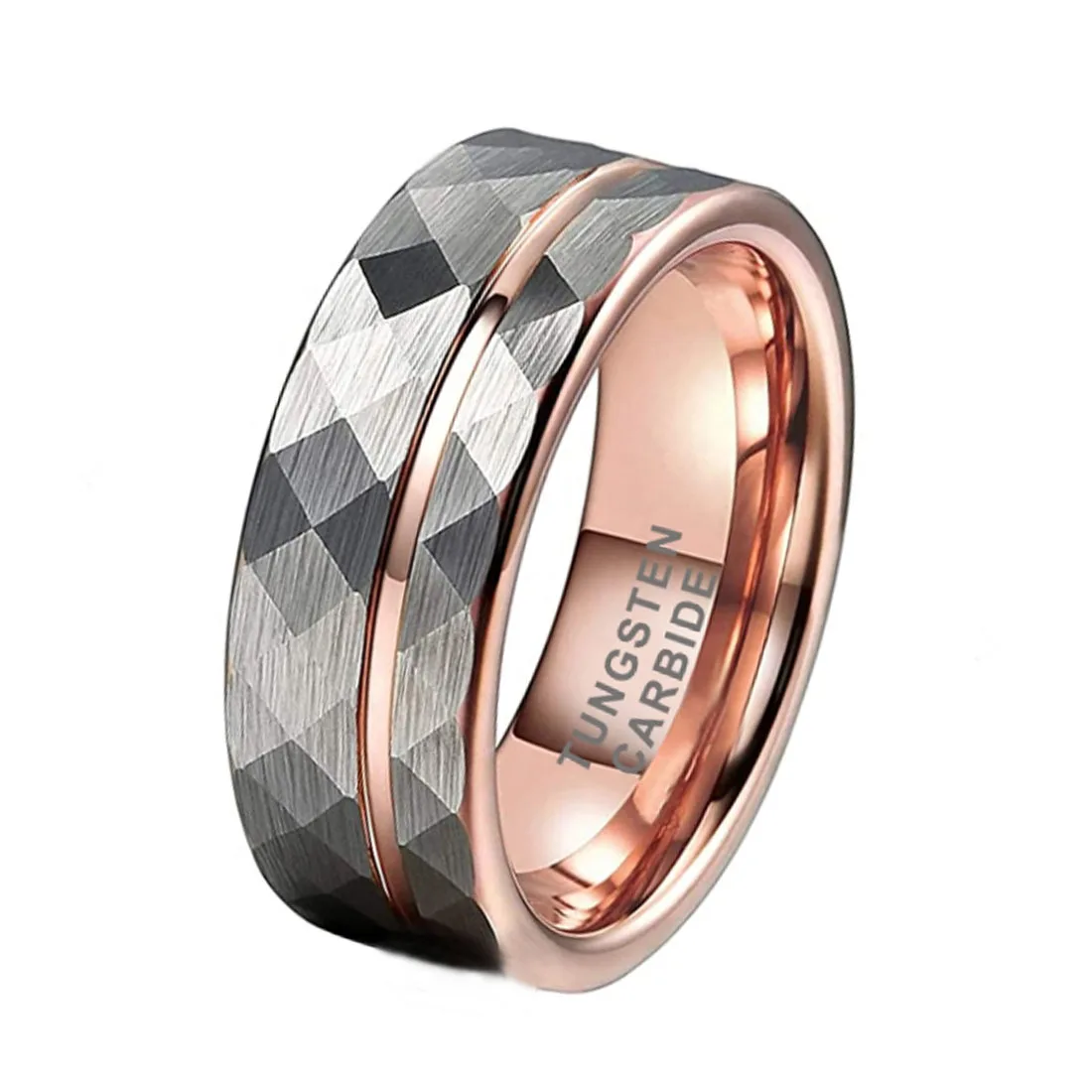 ring 8mm Rose Gold Hammered men band Tungsten carbide jewelry Fashion Comfort Fit ring